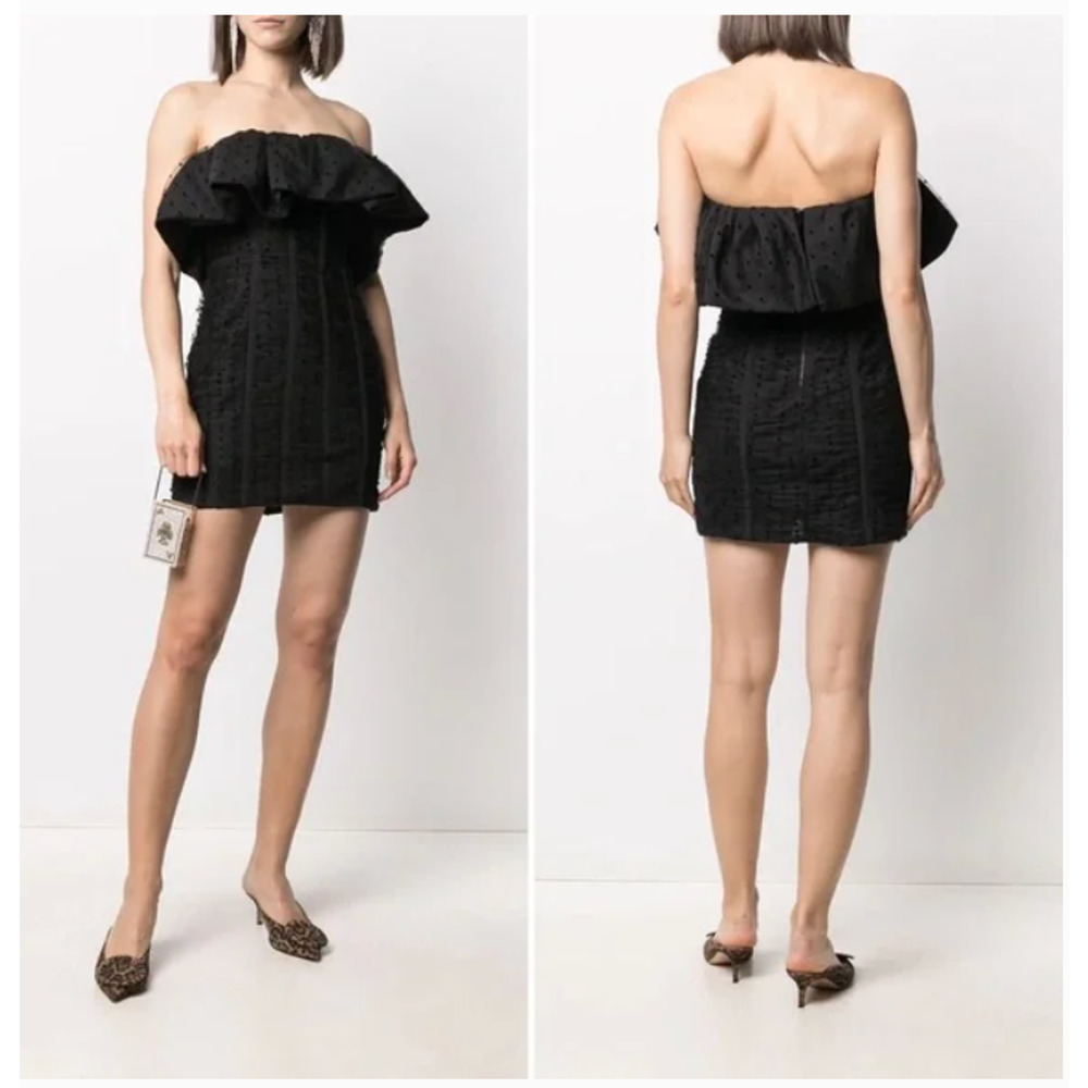 Self-Portrait Strapless Swiss Dot Mash Frill Mini Cocktail Dress Black